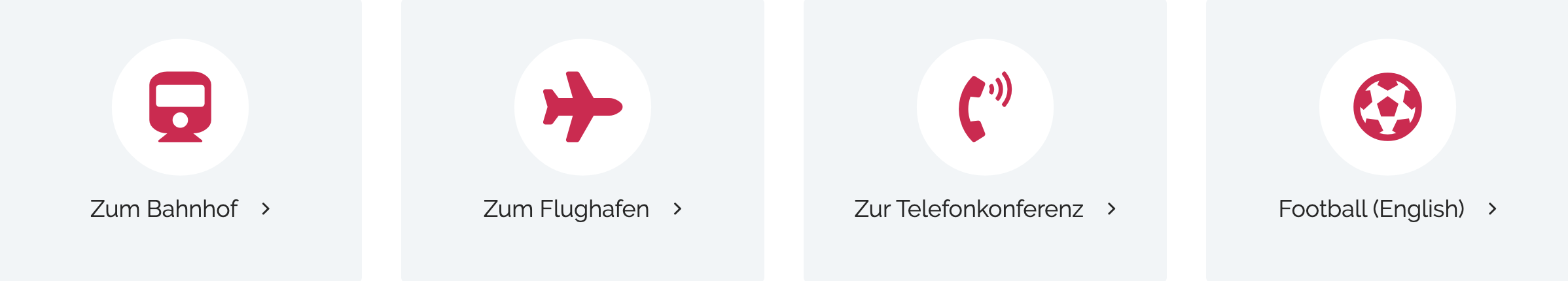 Auswahlkacheln mit Symbolen für Bahnhof, Flughafen, Telefonkonferenz und Fussball Auswahlkacheln mit Symbolen für Bahnhof, Flughafen, Telefonkonferenz und Fussball